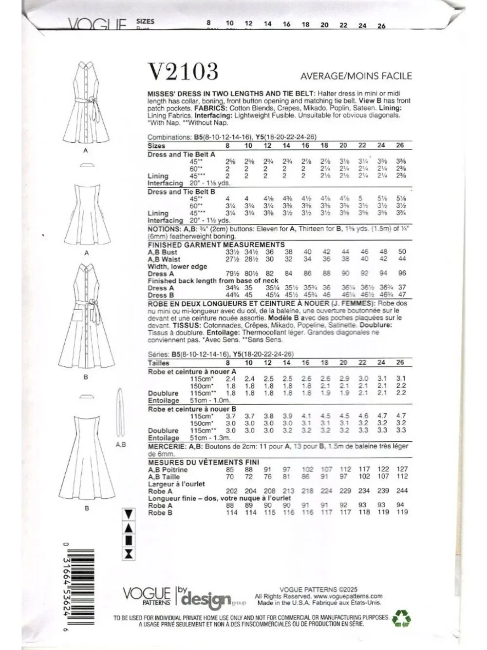 Vogue V2103 Misses 18 to 26 Halter Dress Uncut Sewing Pattern With Two Lengths